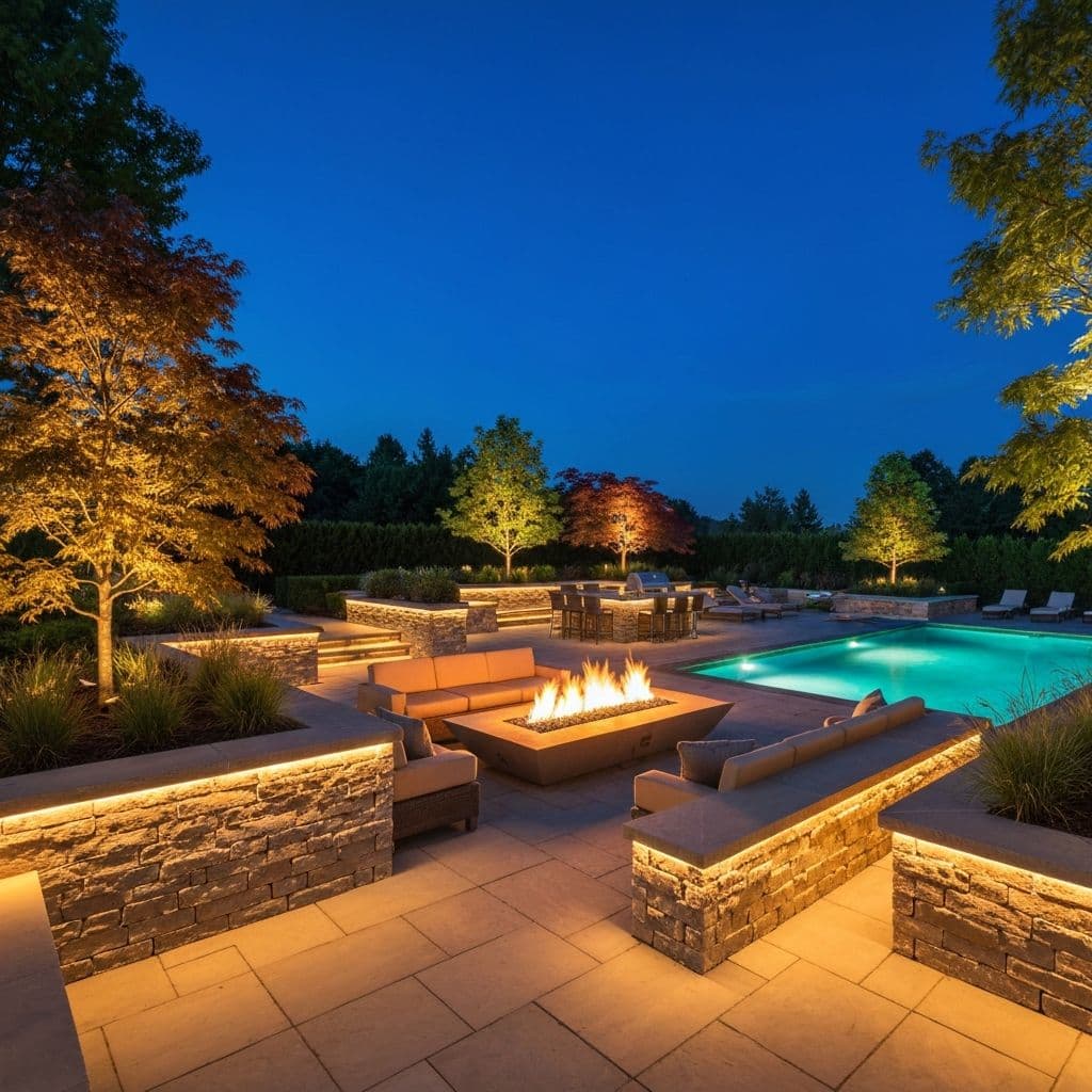 Luxury estate landscape at twilight by Cavemen Landscapes